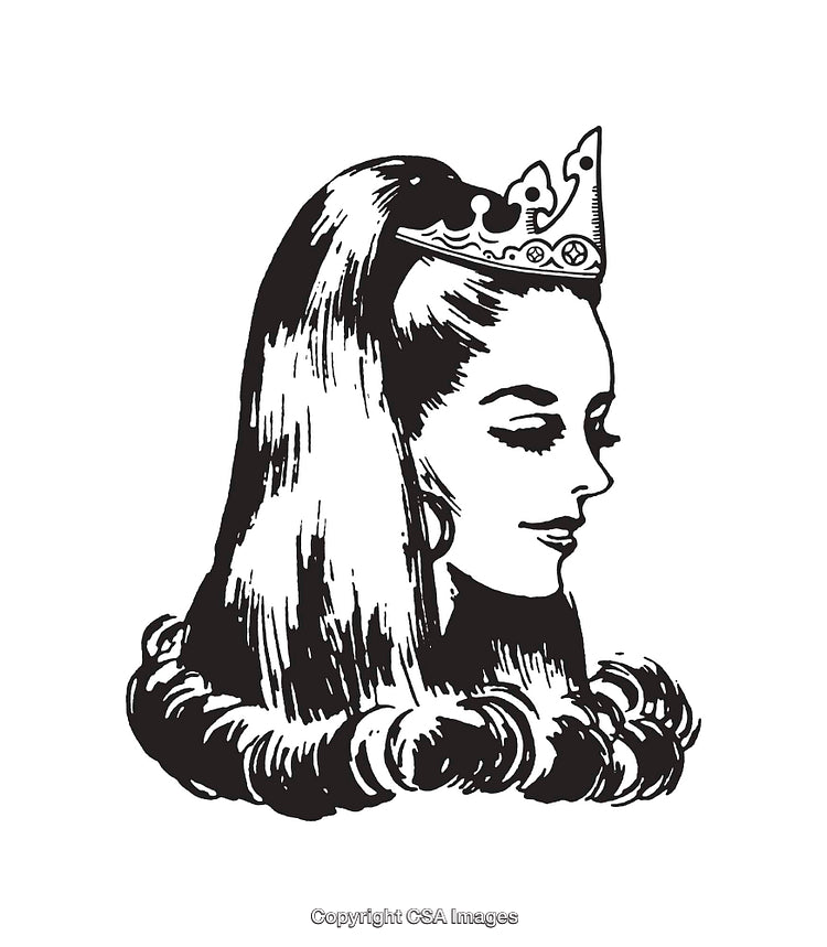 Black and White Illustration of a Crowned Female in Profile View