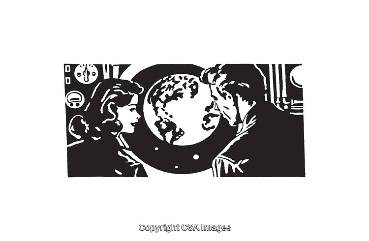 Black and White Line Art Illustration of Two People Viewing Earth