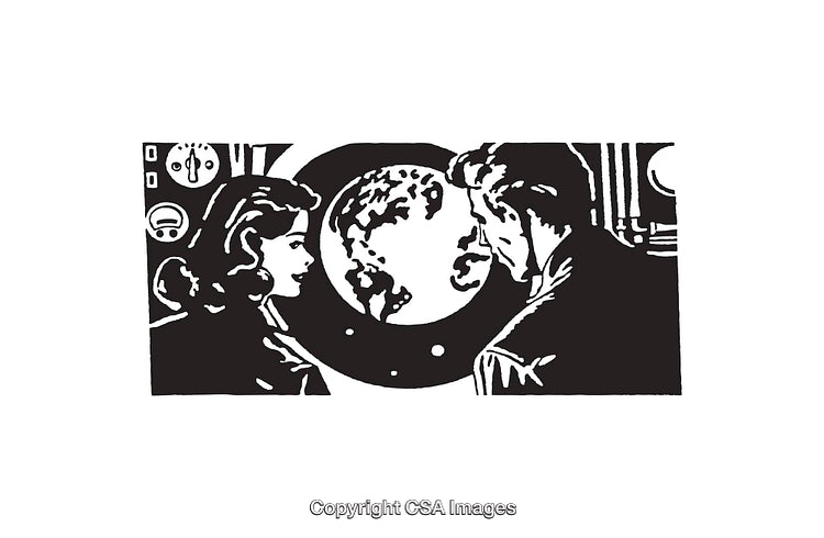 Black and White Line Art Illustration of Two People Viewing Earth