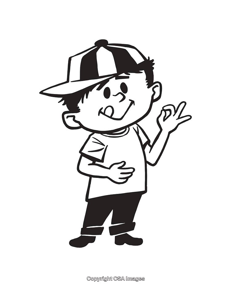 Cheerful Cartoon Boy Giving an OK Hand Sign in Black and White