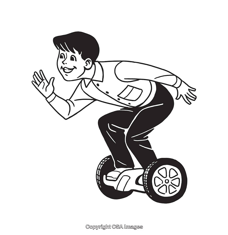 Smiling Boy Riding a Hoverboard in Black and White Line Art