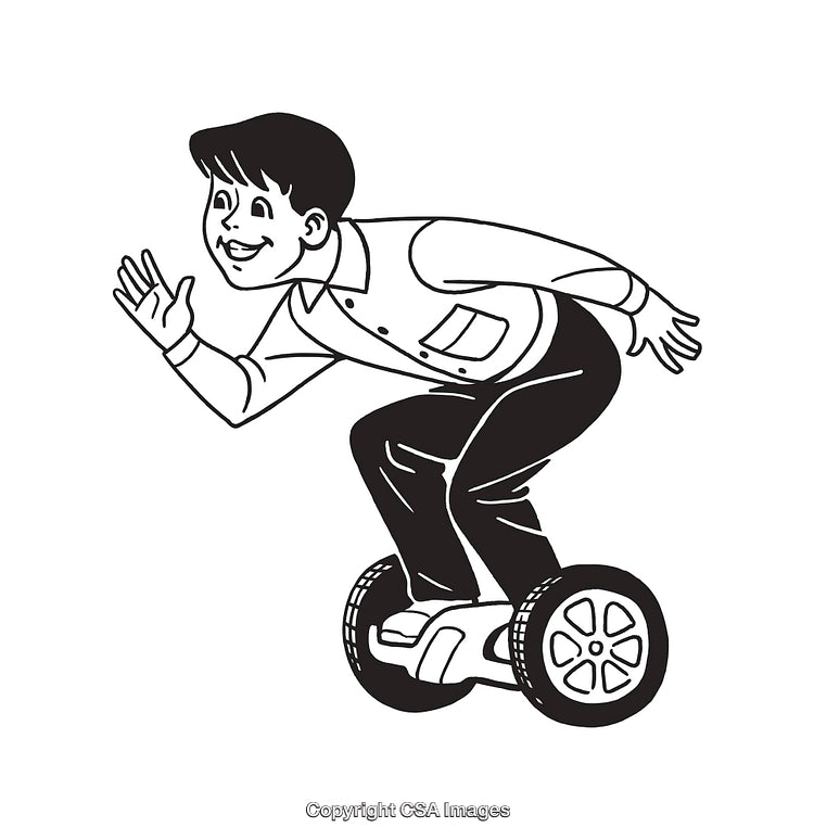 Smiling Boy Riding a Hoverboard in Black and White Line Art