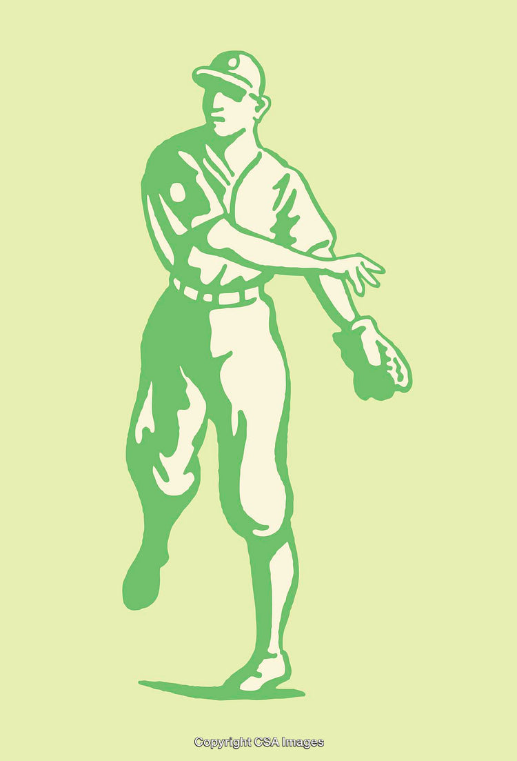 Green and White Illustration of a Baseball Player in Action