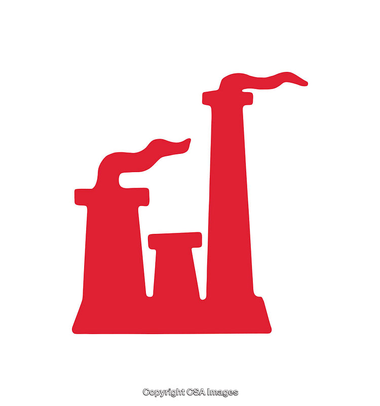 Red Silhouette Industrial Building Icon with Chimney and Smoke Representation