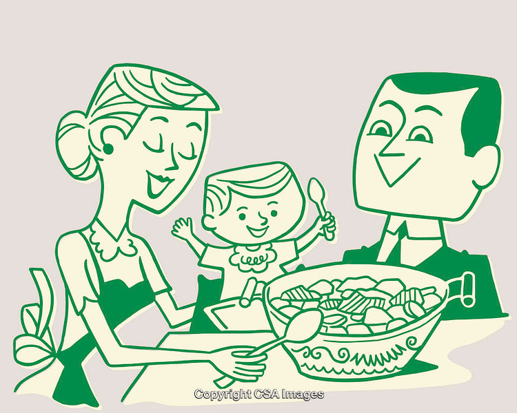 Retro Line Art Illustration of a Happy Family Sharing a Meal Together
