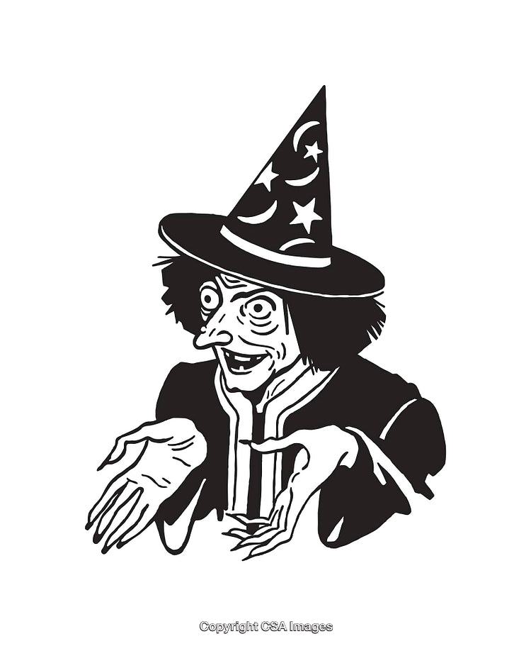 Black and White Line Art of a Witch with Spellbinding Gesture