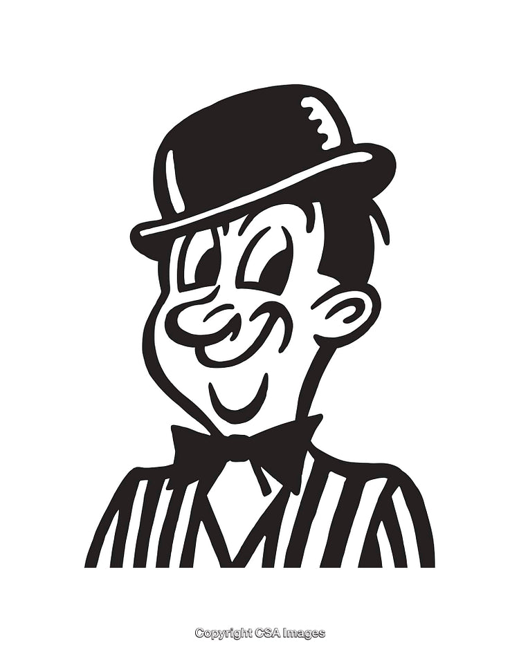 Black and White Line Art of a Retro Cartoon Man in Hat and Tie