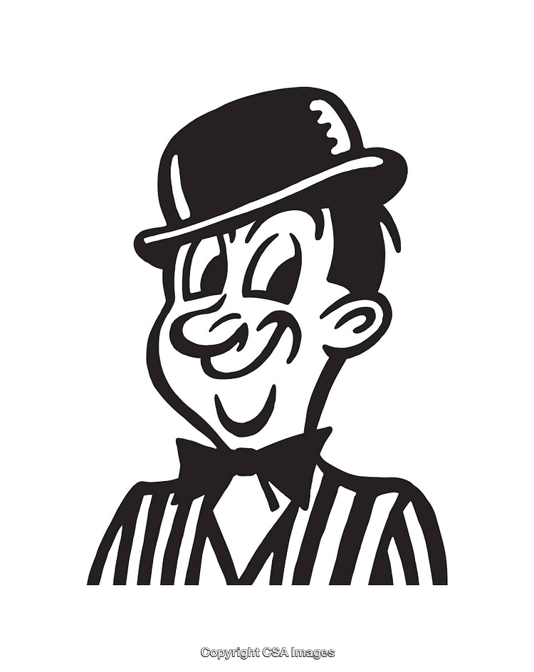 Black and White Line Art of a Retro Cartoon Man in Hat and Tie