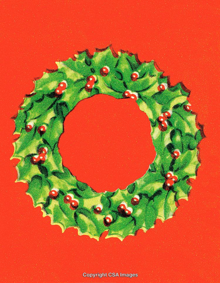 Festive Holly Wreath on Vibrant Red Background Illustration