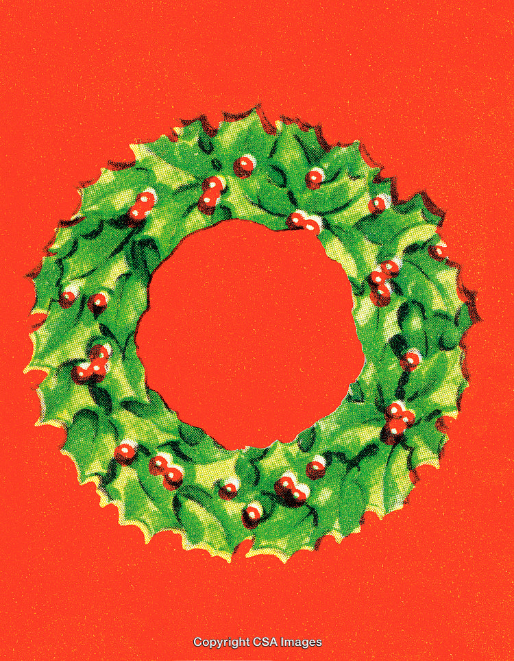 Festive Holly Wreath on Vibrant Red Background Illustration