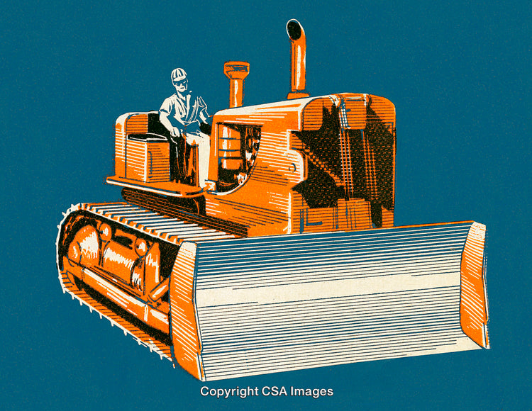 Vintage Illustration of a Bulldozer with Operator on Solid Blue Background