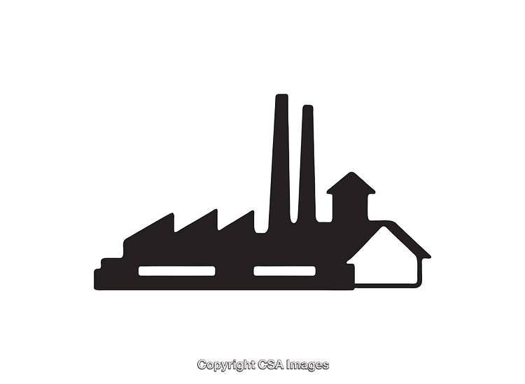 Black and White Industrial Factory Icon with Minimal Design Features