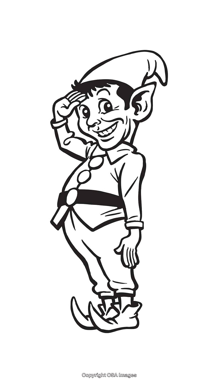 Black and White Line Art of a Playful Elf Character in Costume
