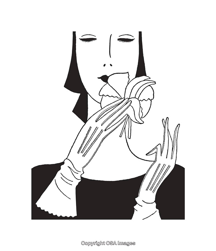 Elegant Line Art Illustration of a Woman Gently Holding a Flower