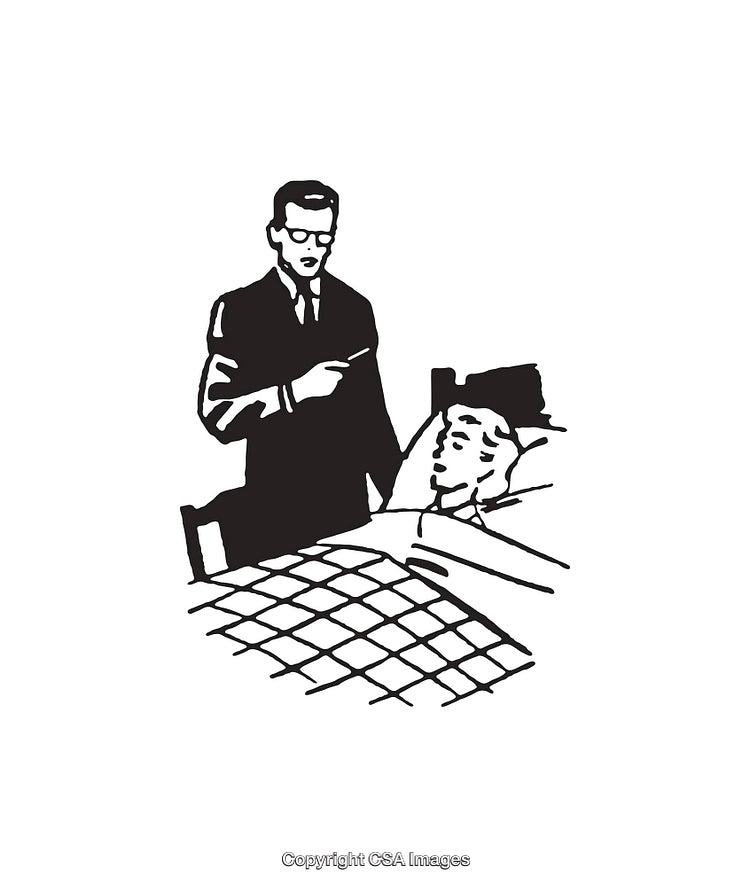 Black and White Illustration of a Doctor Visiting a Patient in Bed