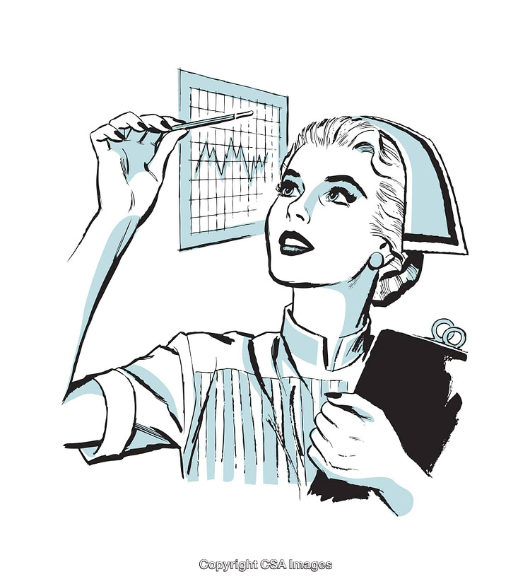 Retro Nurse Analyzing a Graph with Clipboard in Hand