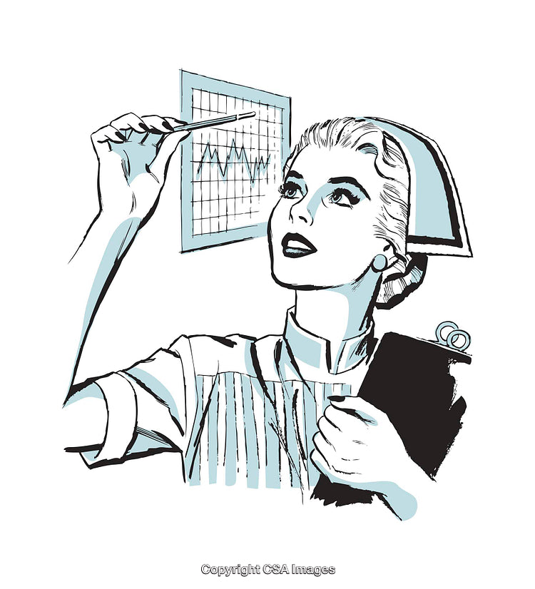 Retro Nurse Analyzing a Graph with Clipboard in Hand