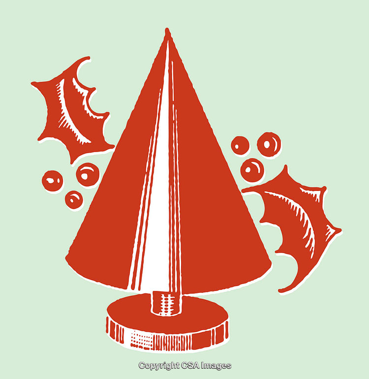 Festive Red Christmas Tree Illustration with Holly and Holiday Symbols
