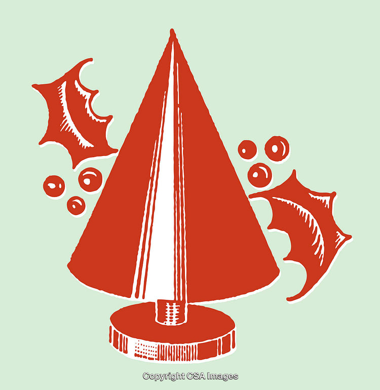 Festive Red Christmas Tree Illustration with Holly and Holiday Symbols