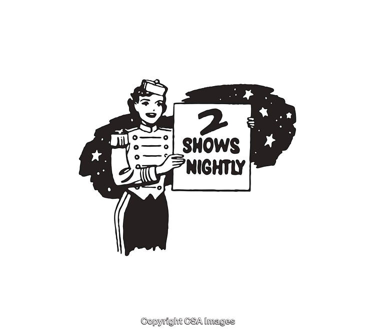 Black and White Line Art of Performer Holding Sign Advertising Shows