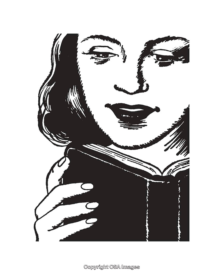 Black and White Line Art of a Woman Reading a Book