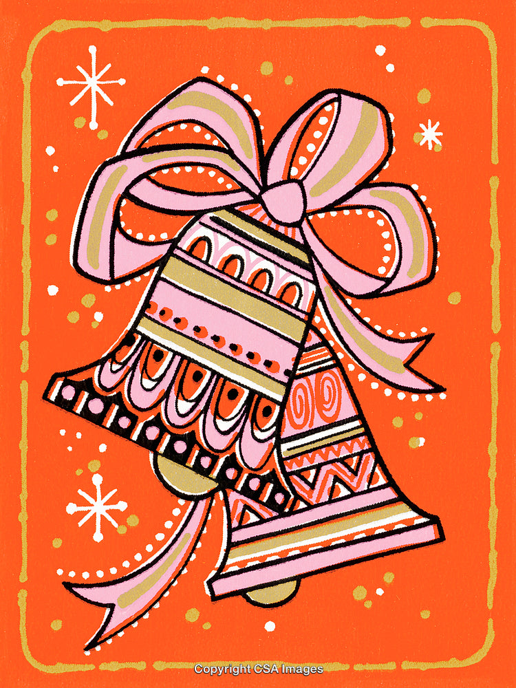 Colorful Christmas Bells With Decorative Patterns and Bow on Orange Background