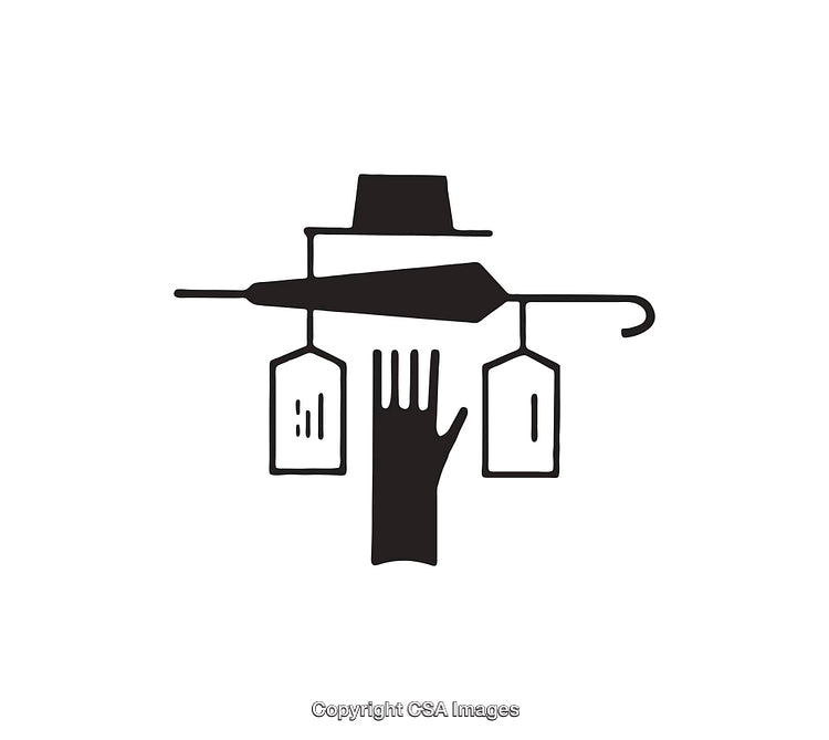 Minimalist Black and White Icon Depicting Hand, Hat, and Umbrella Symbols