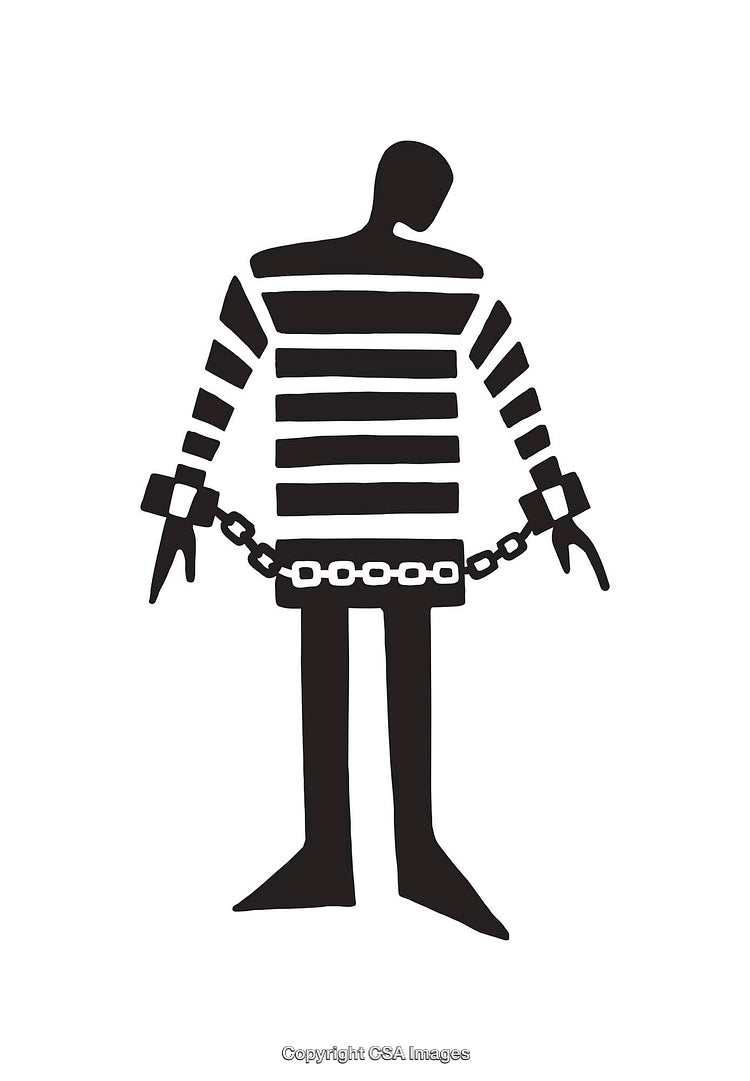 Silhouette of Prisoner in Striped Uniform With Shackles and Chains