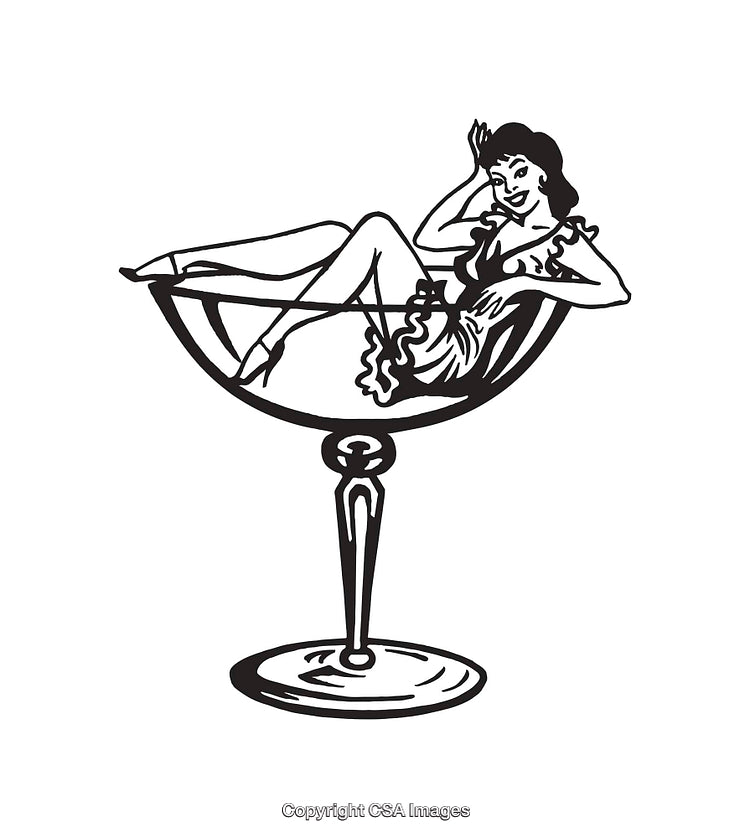 Vintage Pin-Up Girl Relaxing in Martini Glass Line Art Illustration
