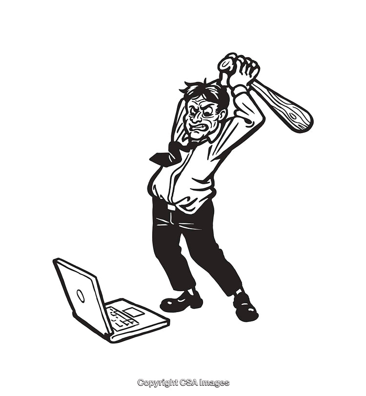 Angry Man Smashing Laptop with a Bat Black and White Line Art