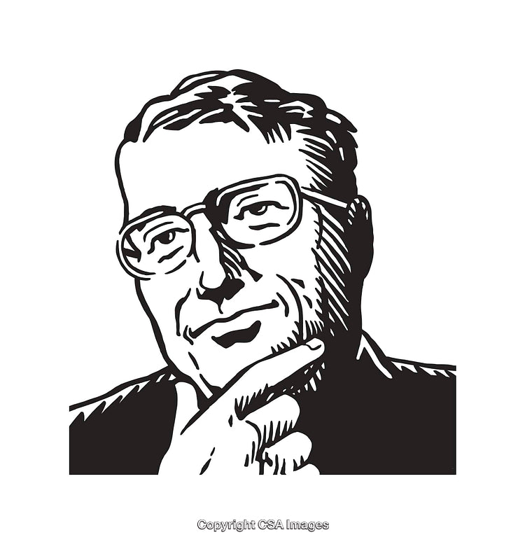 Black and White Line Art of a Thinking Individual with Glasses