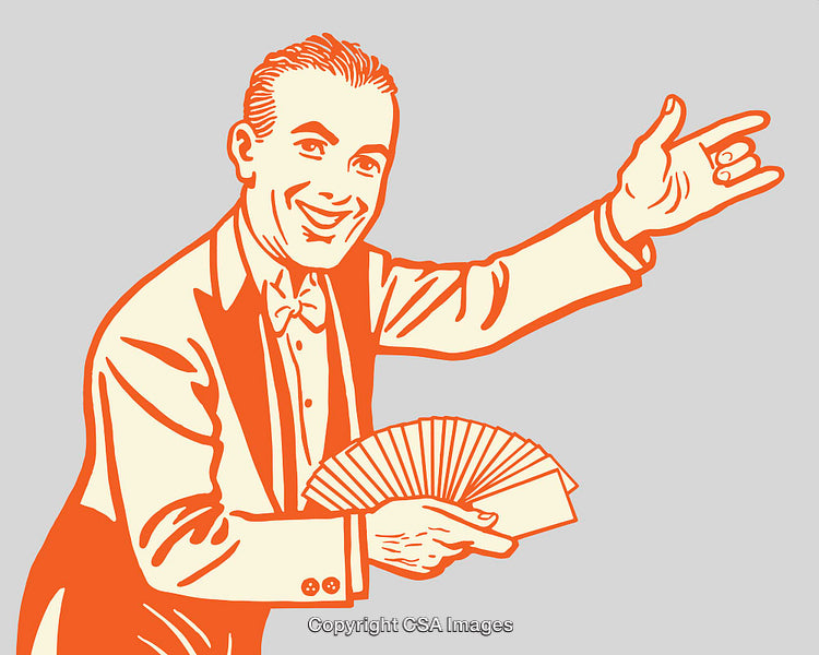 Retro Illustration of a Smiling Magician Holding Cards in Color Line Art Style