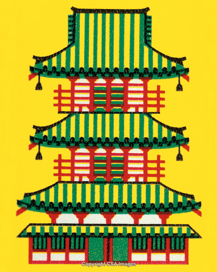 Traditional Pagoda Illustration Featuring Vibrant Colors and Geometric Detailing