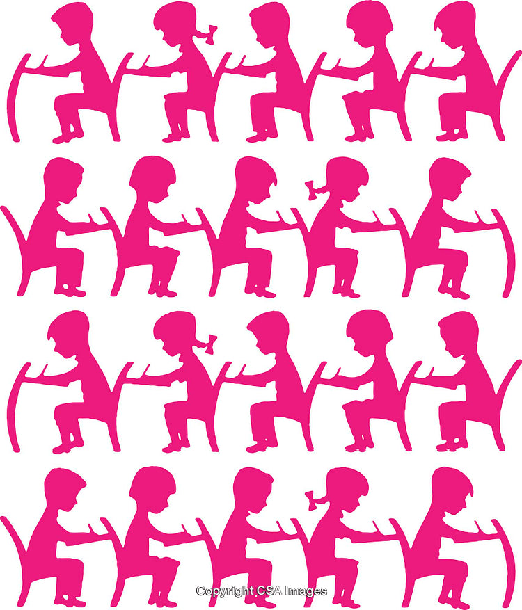 Pattern of Pink Silhouettes of Children Sitting at Desks
