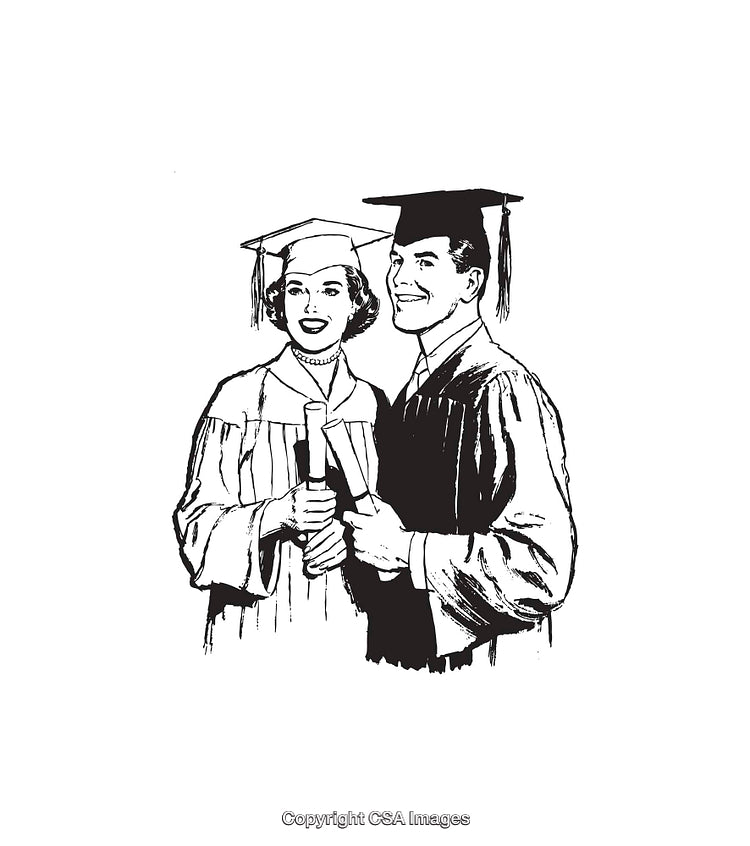 Vintage Line Art of Two Graduates in Academic Gowns and Caps