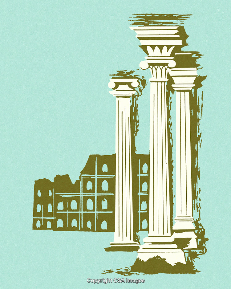 Illustration of Ancient Roman Columns with Historic Ruins in Minimalist Style