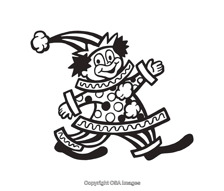 Cheerful Clown Walking in Black and White Line Art Illustration