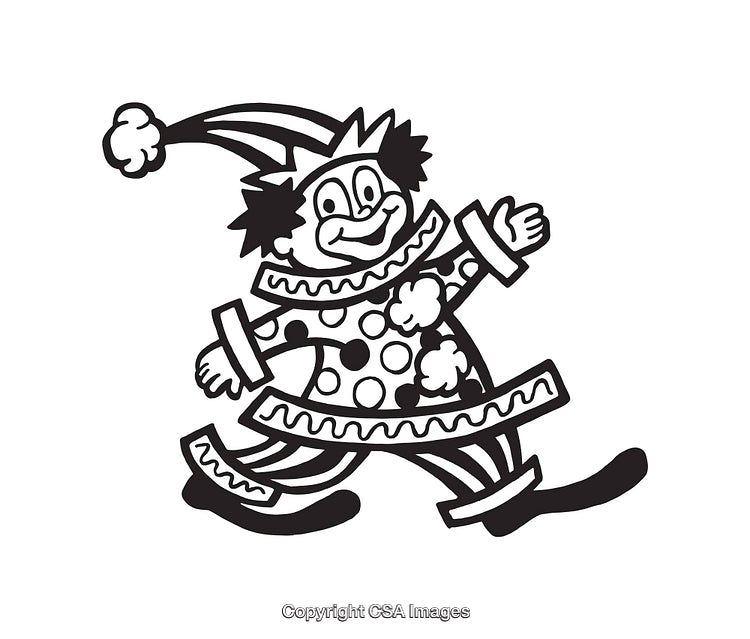 Cheerful Clown Walking in Black and White Line Art Illustration