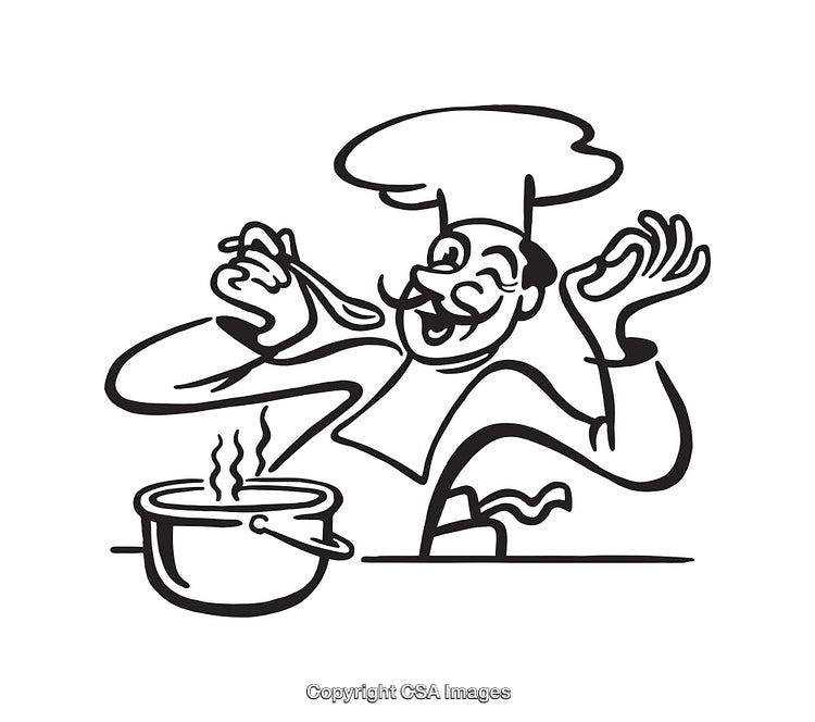 Black And White Line Art of a Happy Chef Cooking an Aromatic Dish