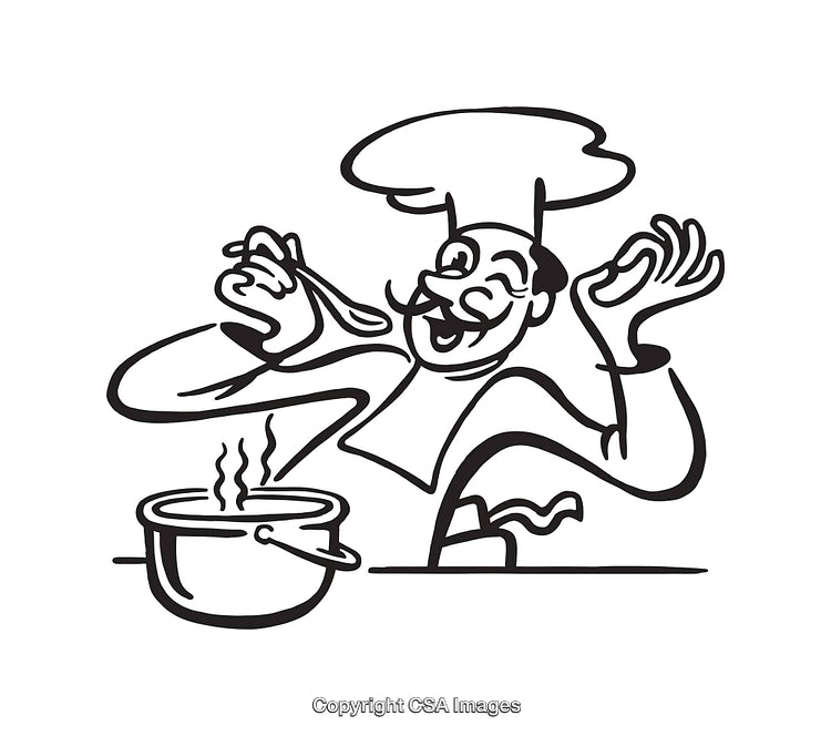 Black And White Line Art of a Happy Chef Cooking an Aromatic Dish