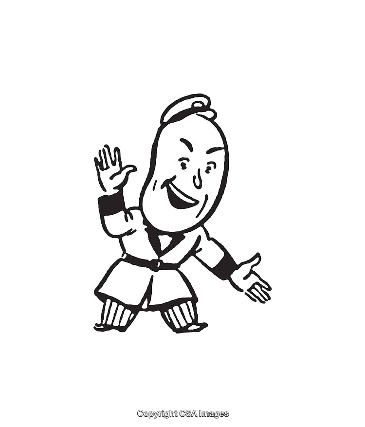 Black and White Cartoon of a Cheerful Character Greeting Others