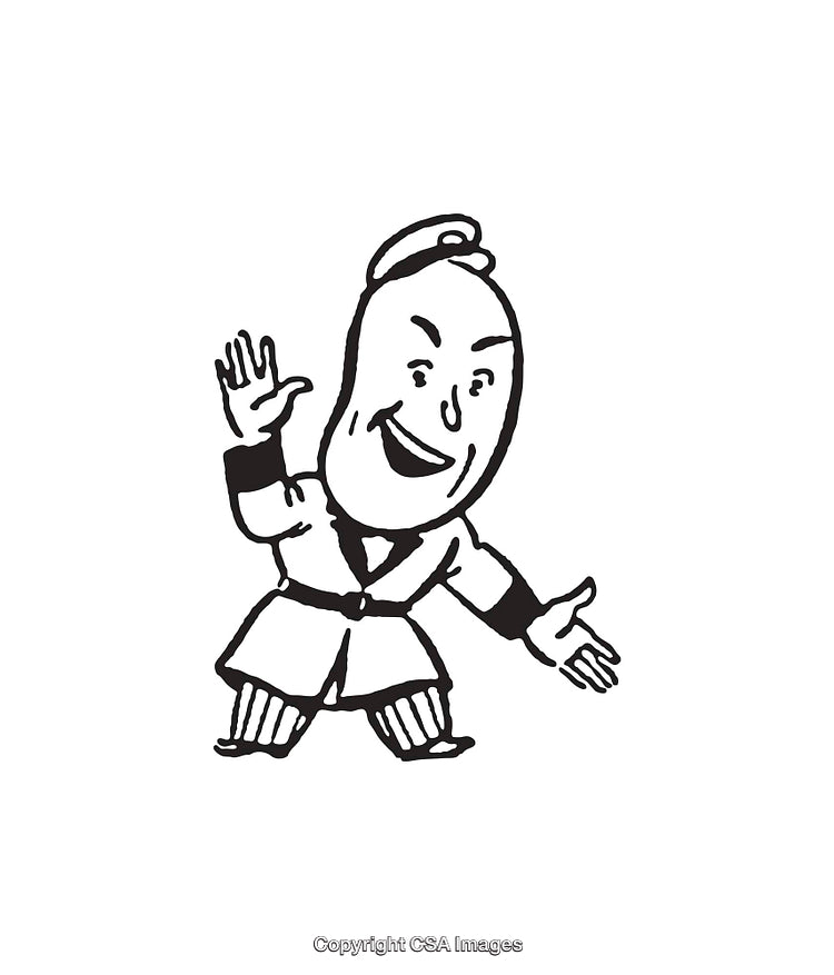 Black and White Cartoon of a Cheerful Character Greeting Others
