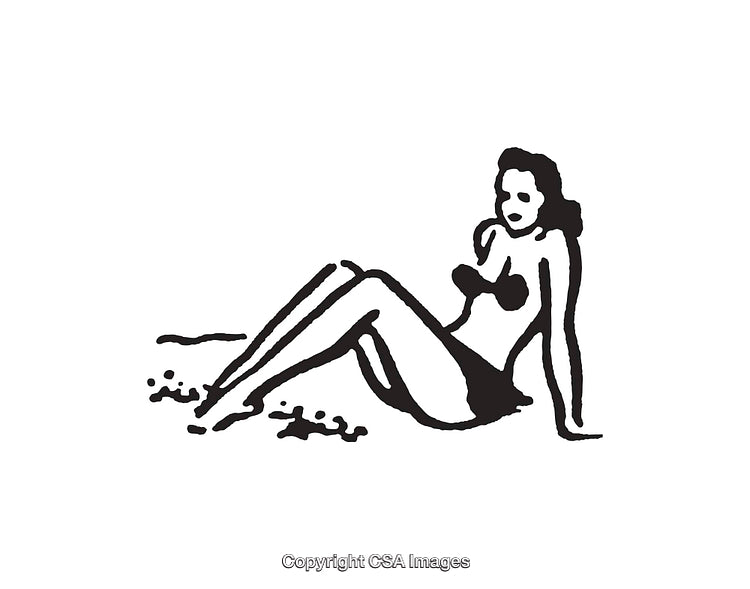 Black and White Line Art Illustration of a Relaxing Woman on a Beach