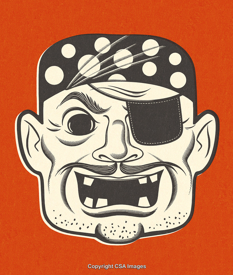 Illustrated Cartoon Pirate Face With Eye Patch and Bandana on Orange Background