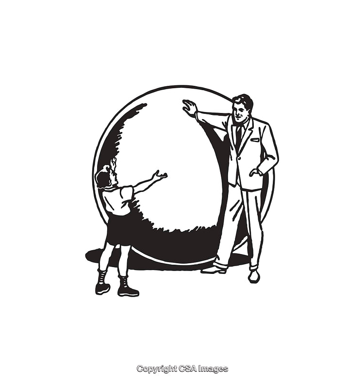 Black and White Illustration of a Man and Child Interacting with a Sphere