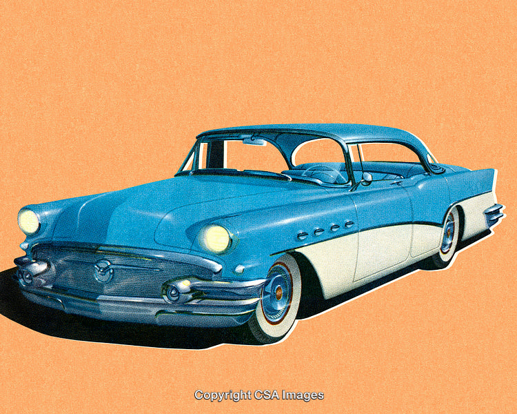 Vintage Blue Classic Car Illustration With Retro Style on Orange Background