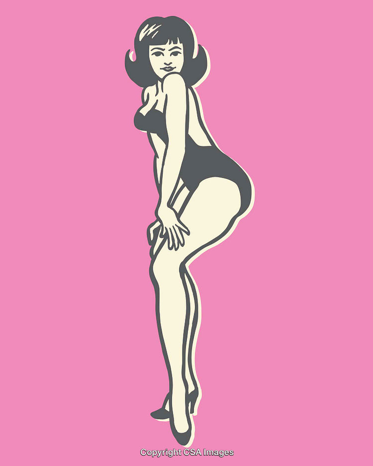 Retro Style Illustration of a Woman in Black Dress on Pink Background