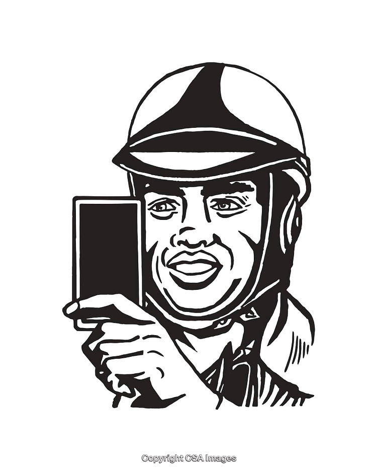 Black and White Art of a Smiling Man with a Helmet Using a Smartphone