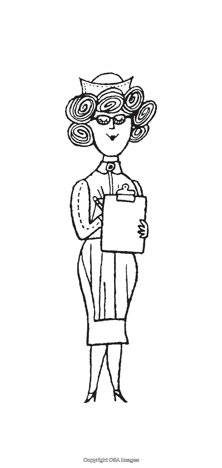 Retro Nurse Holding Clipboard in Line Art Style Illustration