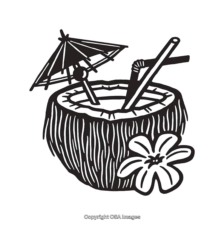 Black and White Outline of Tropical Coconut Drink with Flower and Umbrella
